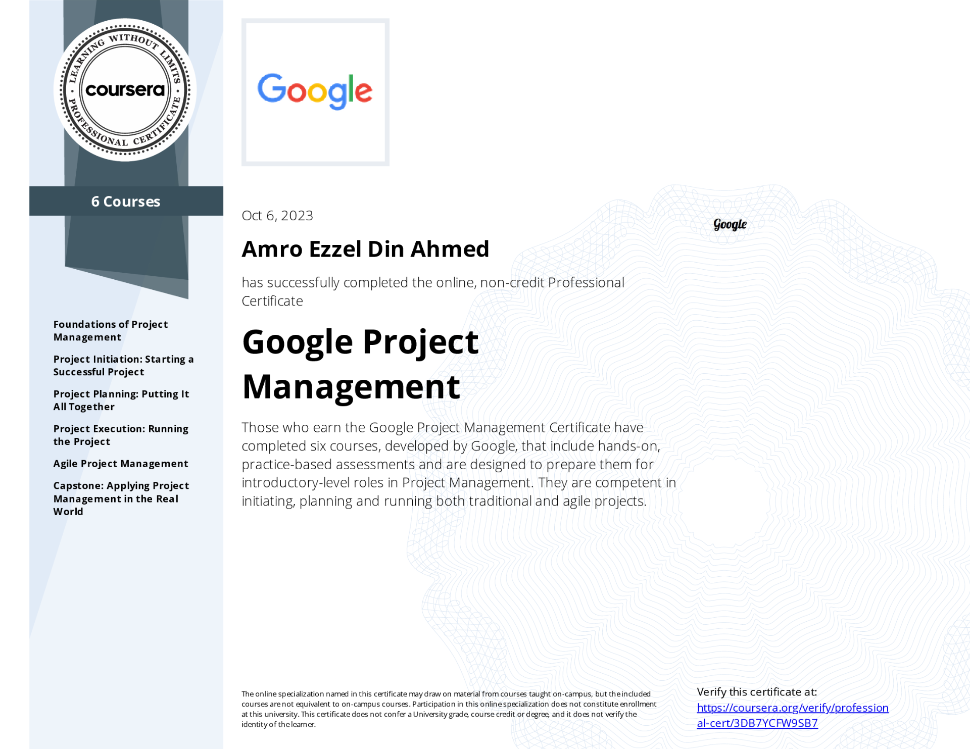 Google Project Management (Professional) — Coursera · Google